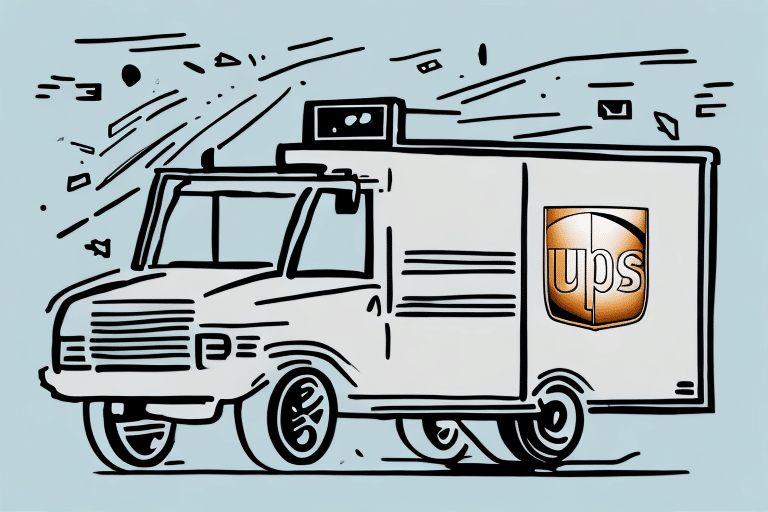 Illustration of a UPS delivery truck, stylized with bold lines and a prominent UPS WorldShip logo on the side. The background is simple, with abstract lines suggesting motion or wind, as if the system could automatically update its route in real time.