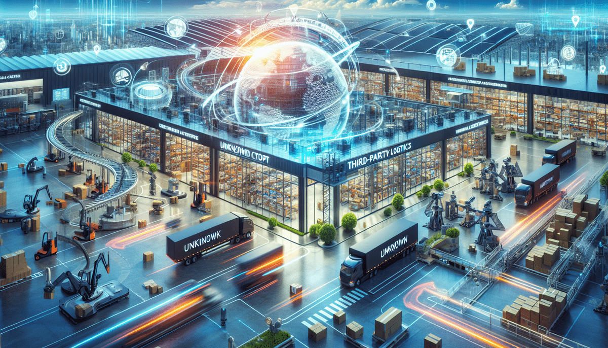 A futuristic logistics hub powered by advanced robotic systems efficiently handles package fulfillment. It features automated conveyor belts, drones, electric trucks, and a digital globe hologram symbolizing connectivity. The scene illustrates sleek, high-tech operations typical of modern 3PL solutions.