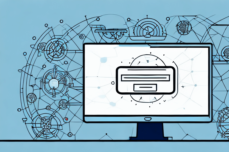 A computer monitor displaying a login screen for UPS Worldship, surrounded by abstract geometric network patterns and interconnected circles, symbolizing digital networks and technology connections on a light blue background—a reminder of potential troubleshooting needs for end-of-day freezes.