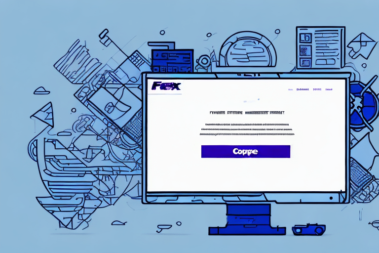 Illustration of a computer monitor displaying text with the words Copyp highlighted. The background showcases abstract digital elements and circuit patterns on a blue backdrop, akin to FedEx LTLs Ship Manager system interface, emphasizing efficient troubleshooting processes.