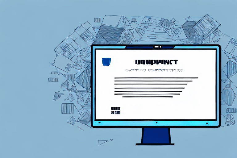 A computer monitor displaying unreadable text, featuring a blue shield icon, hints at troubleshooting a digital security issue. Behind it, scattered components and devices create a cluttered background. The scene evokes themes of technology amid complex international documents and connections.