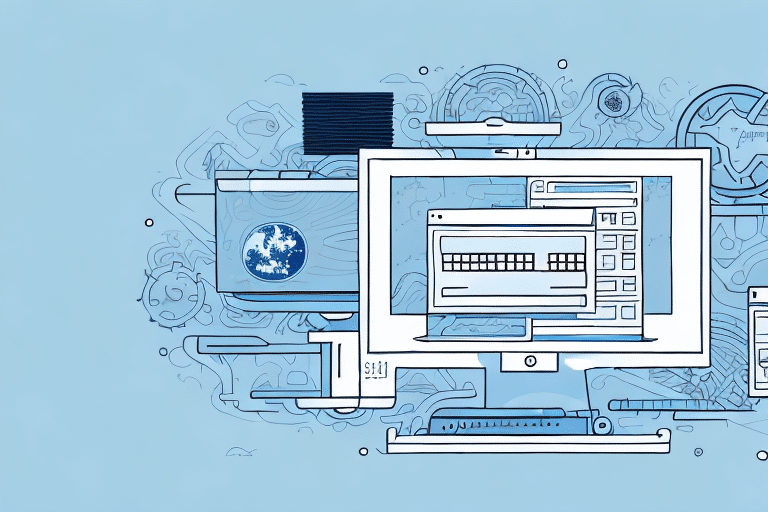 Illustration of a computer monitor with various software windows open, including UPS Shipping Software and Worldship Package Types, set against a backdrop of abstract technology and digital elements. The design features a monochromatic blue color scheme.