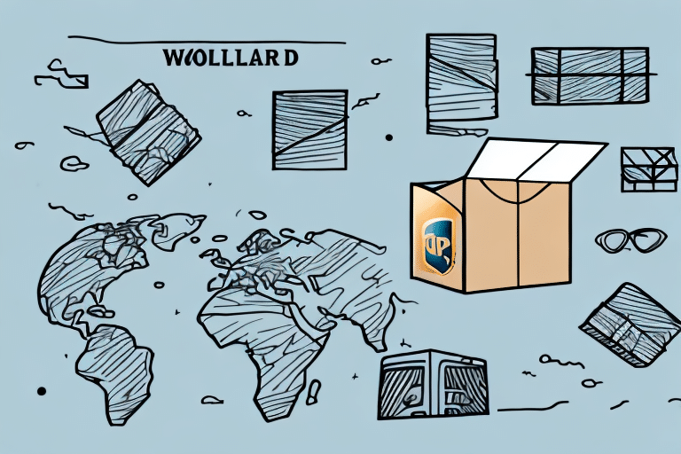 A stylized map with a cardboard box opened to reveal a globe inside, reminiscent of UPS Worldship. Surrounding the box are abstract rectangular patterns and shapes, suggesting travel or shipping logistics. The light blue background evokes the boundless possibilities of global shipping.