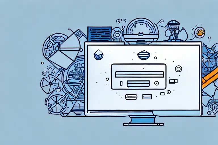 Illustration of a computer monitor displaying a login screen, surrounded by various mechanical gears and abstract technical elements on a light blue background, reminiscent of the intricacies involved in setting the default export location for UPS Worldship batch exports.