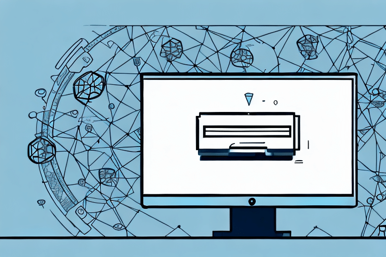 A computer monitor displays a digital printer icon alongside UPS Worldship, surrounded by network lines and geometric shapes on a blue background, symbolizing connectivity and streamlined digital communication for resolving issues like printing customer return receipts.