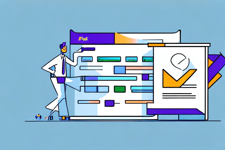 A person stands beside a large screen displaying a website interface, resembling tools used by a Ship Manager. The screen shows various colorful elements and a document with a checkmark. The light blue background suggests a digital or web development theme.
