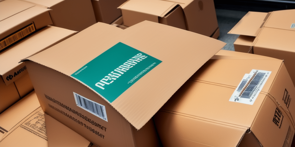 A stack of brown cardboard boxes with shipping labels, barcodes, and UPS Worldship tags stands ready on the warehouse floor. One box is prominently labeled DELIVERIES, neatly arranged to suggest a batch import setting in logistics.