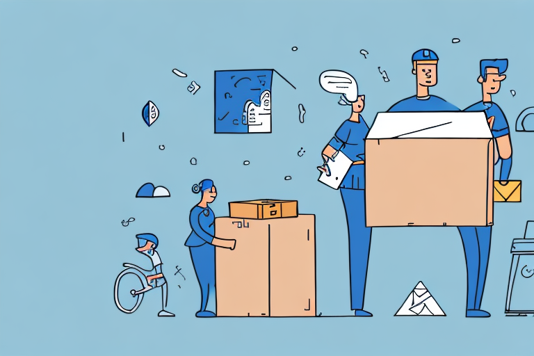 Illustration of people in various activities: a cyclist, a person carrying a large box, someone reading an Amazon letter, and another moving a smaller box. The background is blue with abstract shapes and letters scattered throughout, evoking the chaos of losing packages.