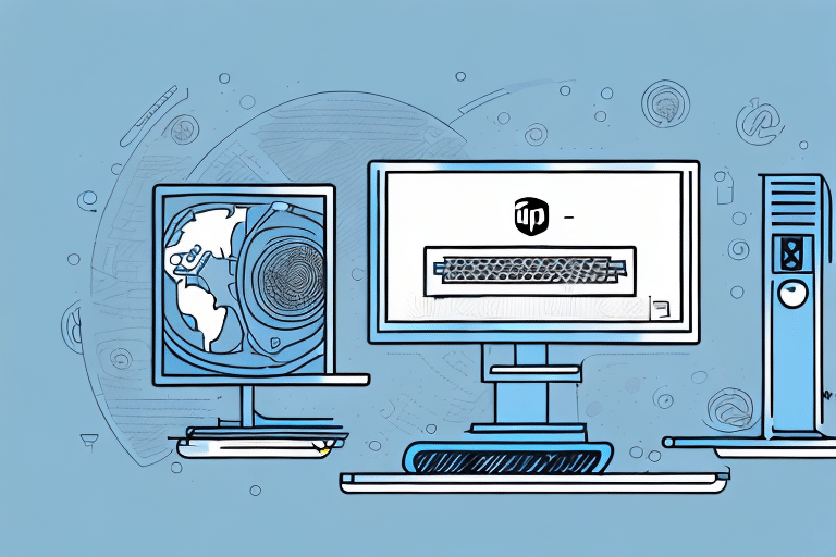 Illustration of three desktop computers with monitors. One screen shows a globe, another displays a keyboard and up logo, hinting at UPS Worldship integration, and the third features a tower case. The light blue background is adorned with abstract circular patterns.