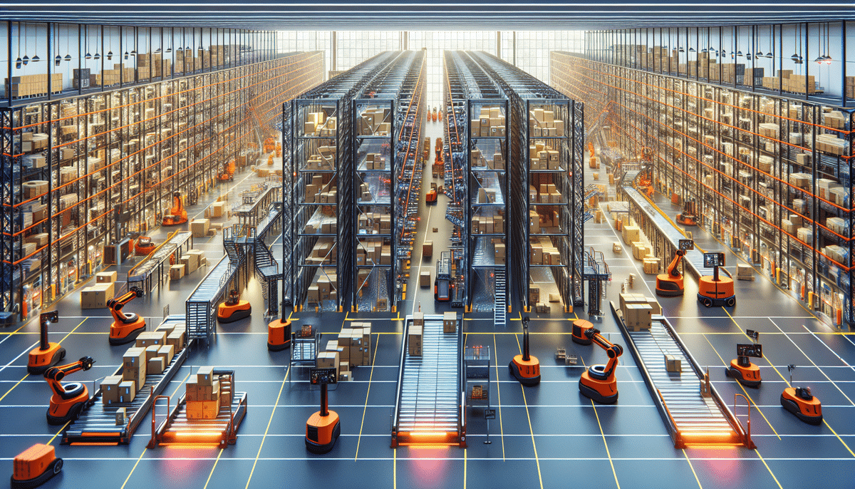 A modern warehouse with tall shelves filled with boxes. Numerous Amazon Robotics and conveyor belts efficiently organize and transport packages across the spacious, futuristic facility. Bright overhead lighting illuminates the scene.