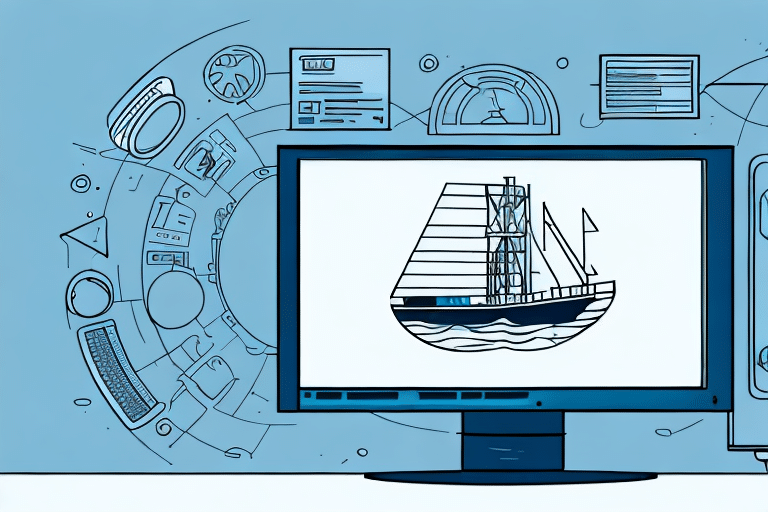 A stylized illustration of a computer screen showing a sailboat drawing, with the UPS WorldShip interface subtly integrated. Surrounding the monitor are digital and technological icons, creating a tech-themed background. The color scheme is primarily blue and white.