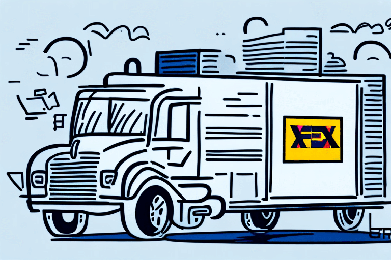 Illustration of a delivery truck with a colorful logo on its side, driving through a cityscape with abstract building and cloud shapes in the background, capturing the essence of a seamless shipping tutorial.