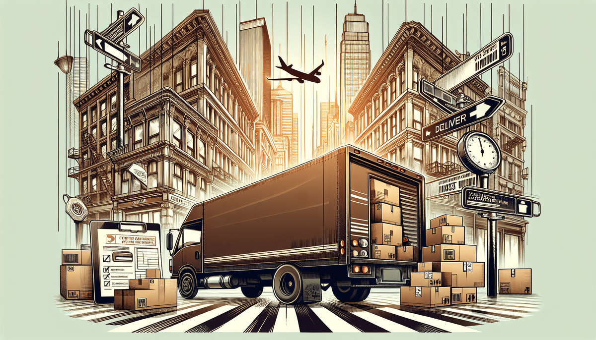 An illustration of a delivery truck in an urban setting showcases the efficient UPS Process amidst tall buildings. Boxes, street signs, and a clock underline swift logistics, while a flying airplane soars above the bustling cityscape.