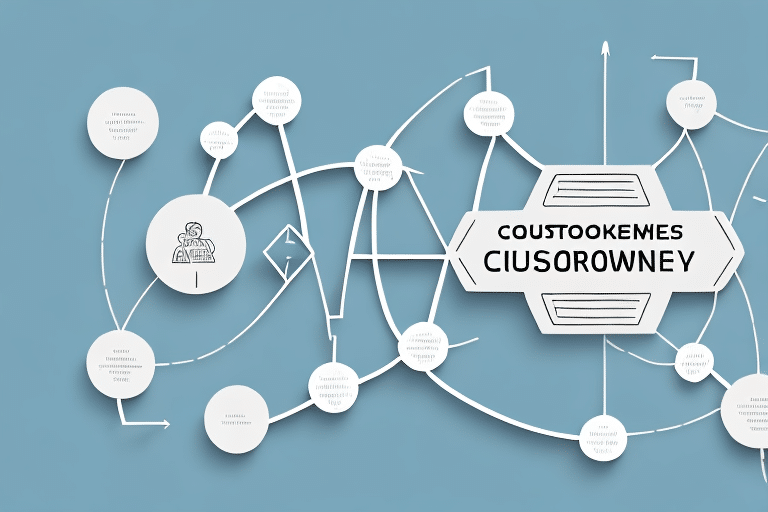 A complex flowchart on a blue background with interconnected circles and lines. The central hexagon, labeled COUSTOOKEMES CIUSOROWNEY, focuses on Essential Questions to enhance Customer Retention. Smaller circles contain icons and text, linked by arrows indicating a process or network.