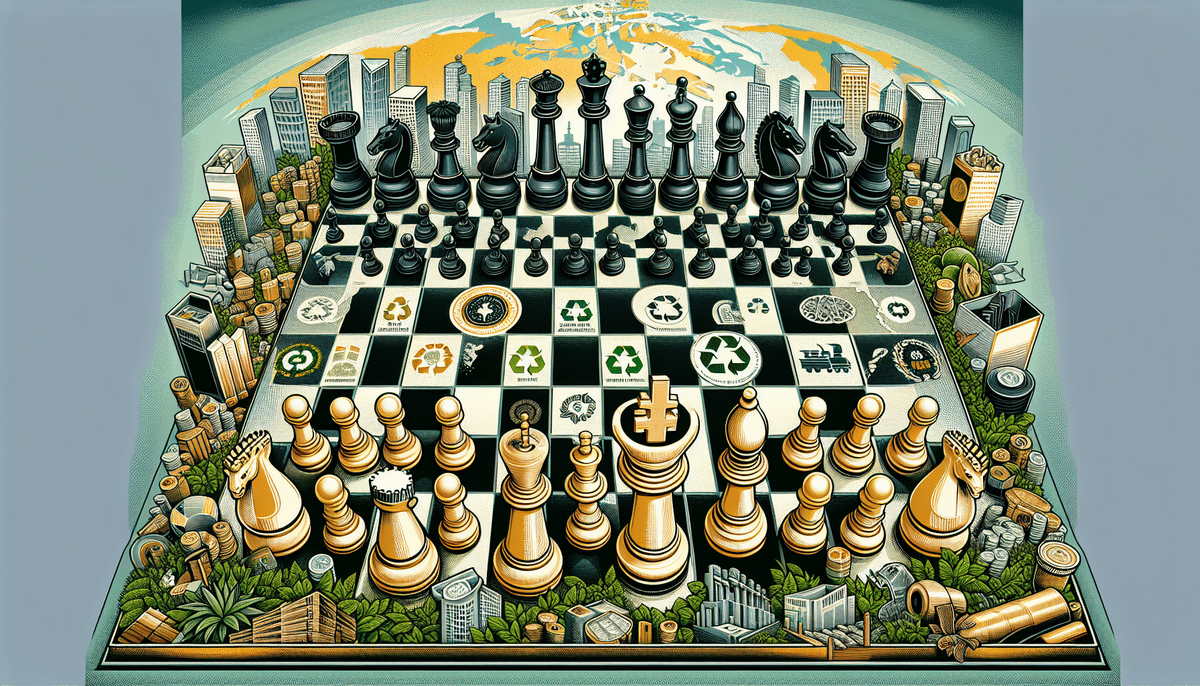 An abstract illustration of a chessboard with intricate, large pieces resembling buildings and environmental symbols from PCA. The board is set over a cityscape, featuring recycling and technology icons that seamlessly blend urban and ecological themes.