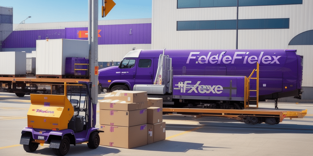 A purple delivery truck labeled FedEx is parked at a logistics hub. Nearby, a forklift stands ready with cardboard boxes on a wooden pallet, poised to load. The building, marked with the FedEx logo, bustles with activity to resolve a communication error in the FedEx Ship Manager system.