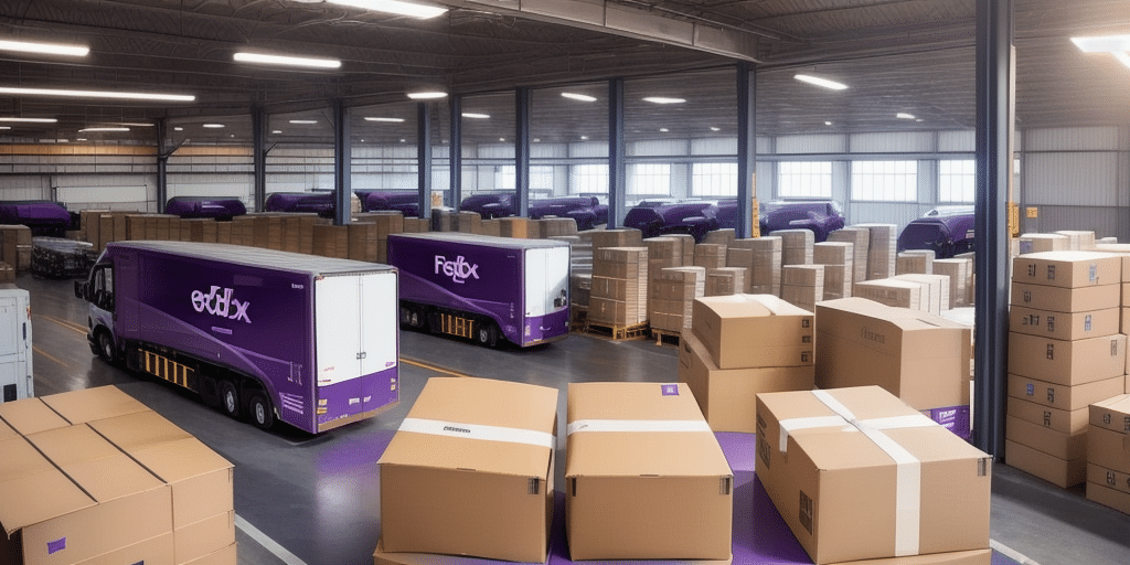 Exploring the interior of a large warehouse, rows of stacked cardboard boxes stretch alongside purple and white trucks sporting the FedEx logo. The well-lit space, enhanced by high ceilings and spacious aisles, is a hub where history meets innovation with systems like FedEx Ship Manager ensuring efficiency.