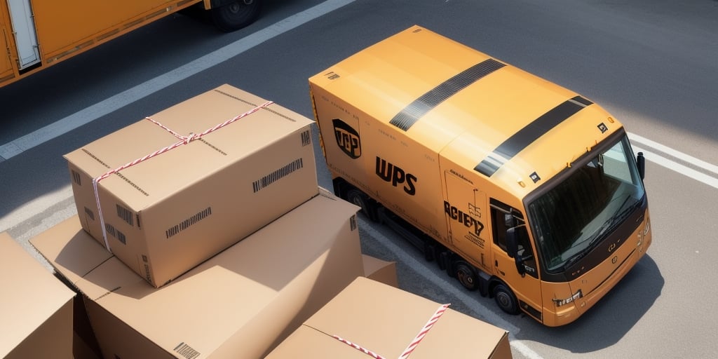 A yellow delivery truck labeled WPS cruises down the road, navigating past large brown cardboard boxes sealed with red and white striped tape. Captured from an elevated angle, the scene emphasizes the trucks journey, reminiscent of UPS efficiency in managing to re-route packages seamlessly.