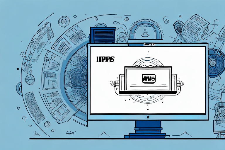 A computer monitor displays an AWS logo against a tech-themed background with gears, car parts, and various UPS Worldship elements. The overall tone is blue with intricate line drawings suggesting technology and innovation.
