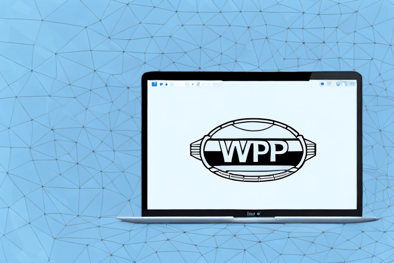 A Mac laptop displaying the WPP logo on its screen sits prominently against a background of a blue abstract network pattern, reminiscent of the logistics networks managed by platforms like UPS WorldShip.