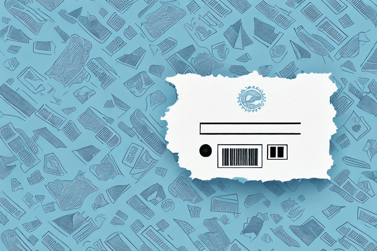 A torn piece of paper with a barcode and numerical text lies against a blue background, adorned with doodles of household items like books, clothes, and furniture—reminiscent of package labels ready to be printed.