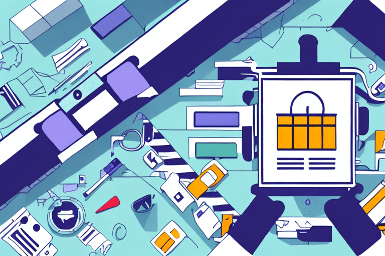 An abstract illustration of a shopping cart icon in gold on a digital tablet, evoking the efficiency of FedEx Ship Manager. Surrounding are geometric shapes, arrows, and digital device components in shades of blue, purple, and cyan.