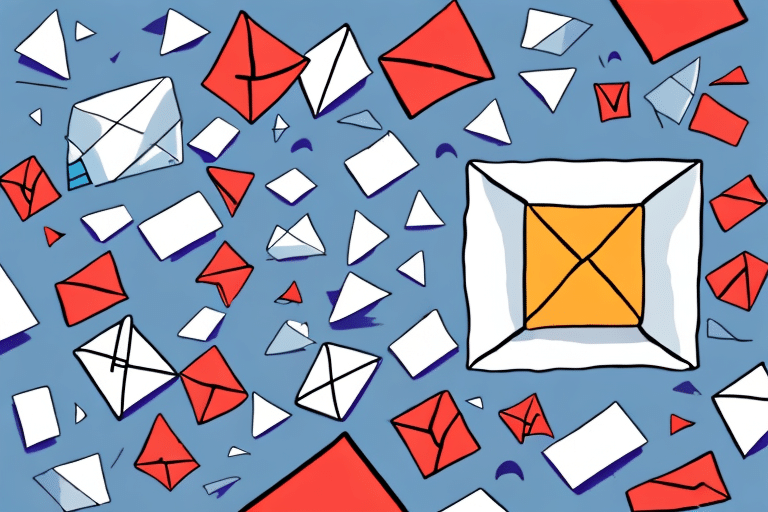 A colorful illustration of various red, white, and blue envelopes scattered on a light blue background, featuring an orange envelope with a distinct center design, reminiscent of a FedEx Ship Manager communication test in progress.