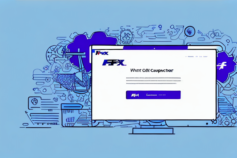 A computer monitor displaying a website with the logo FPX in blue text on a white background. The surrounding area features abstract blue illustrations of technology-related icons and shapes, resembling the FedEx Ship Manager Server interface, with a subtle notification bar.