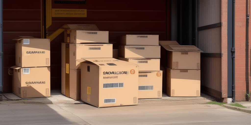 Several large cardboard boxes are stacked outside a loading dock, ready for shipping via UPS Worldship. Labeled with barcodes and alphanumeric codes, the boxes await processing. The dock door is partially open, revealing the concrete ground beneath.
