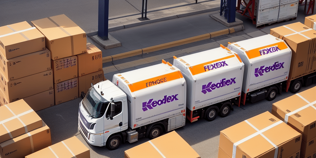 A row of three white delivery trucks with purple and orange FedEx logos are parked beside large stacks of brown cardboard boxes. The setting appears to be an outdoor loading area, perhaps documenting the busy activity for a shipment report on a sunny day.
