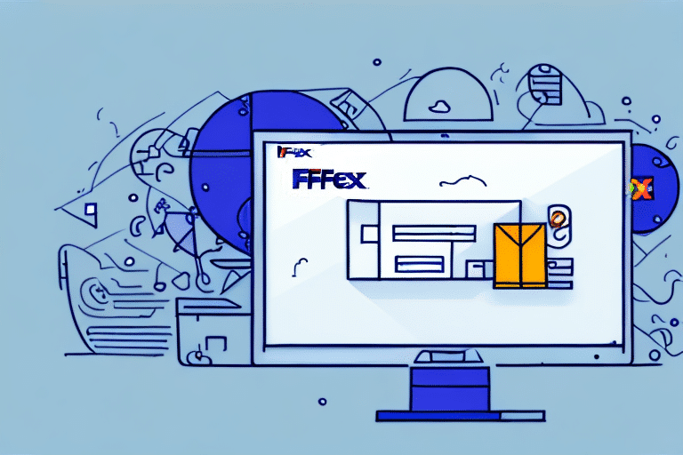 An illustration of a computer screen showcases a parcel tracking and delivery system labeled FIFex, reminiscent of the FedEx Ship Manager interface. Its surrounded by abstract shapes and transport icons, creating a dynamic scene that feels like part of a step-by-step guide to efficient shipping.