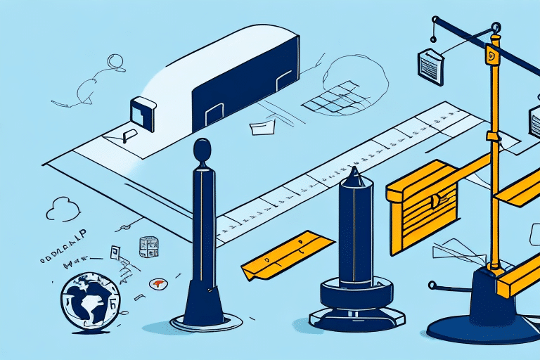 An abstract illustration features various measuring tools and devices on a blue background, including a UPS WorldShip Scale. The image, with its globe, scales, rulers, and geometric shapes, subtly hints at troubleshooting tips for when devices are not connecting properly.