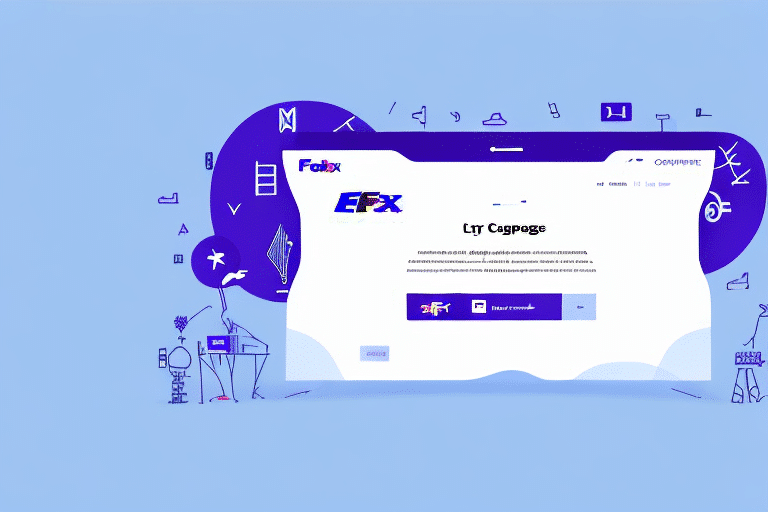 A stylized illustration of a FedEx webpage features the sleek interface of FedEx Ship Manager. The tracking page, adorned with abstract graphics, presents blue text on a white backdrop and is enhanced by various icons and geometric shapes in shades of blue and purple for others to share.