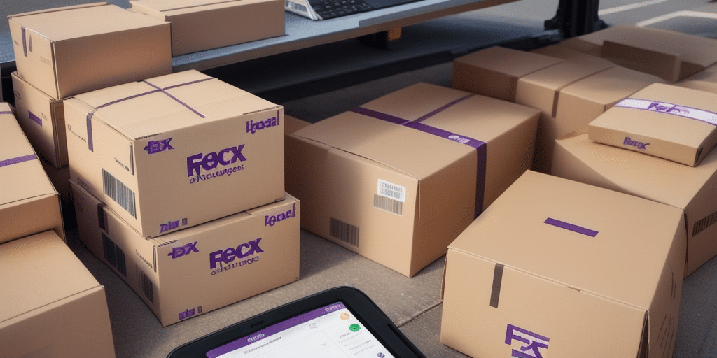Stacks of FedEx cardboard parcels with purple tape are arranged on the ground near a loading bay. A handheld device featuring the FedEx Ship Manager app is visible in the foreground, displaying delivery information for efficient logistics management.