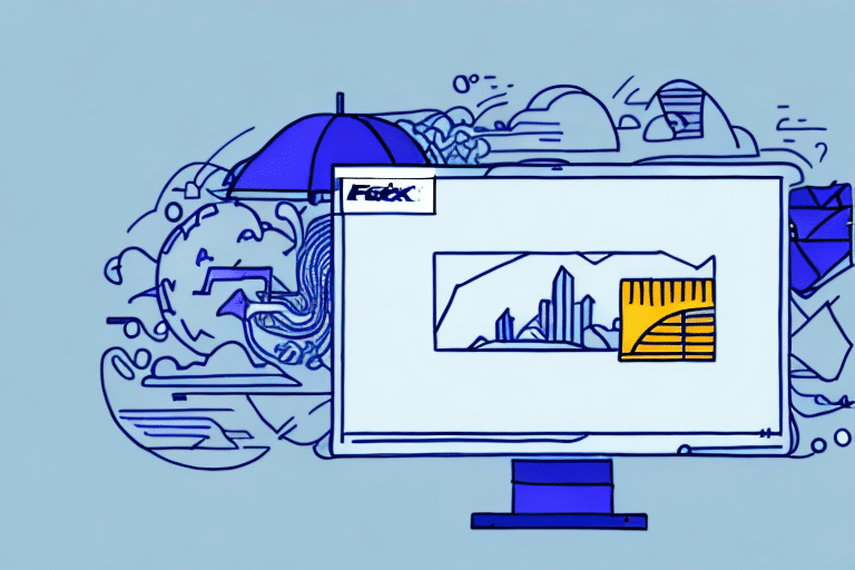 Illustration of a computer monitor displaying a landscape chart and a measuring tool, with abstract elements and an umbrella in the background. The FedEx logo is on the screen, hinting at FedEx Ship Manager features. Blue and yellow hues dominate the color scheme.