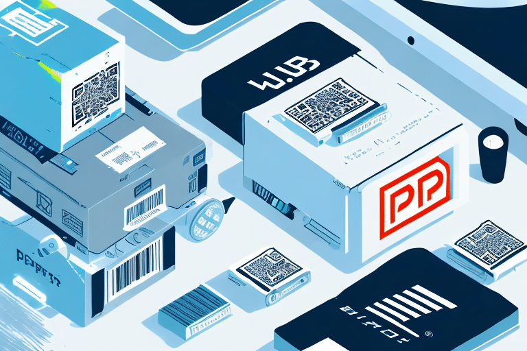 A collection of various boxes and packaging, integrated with QuickBooks Enterprise and UPS WorldShip, showcases QR codes and barcodes alongside electronic devices. The image features designs in a blue and white color scheme, highlighted by red accents on one of the packages.