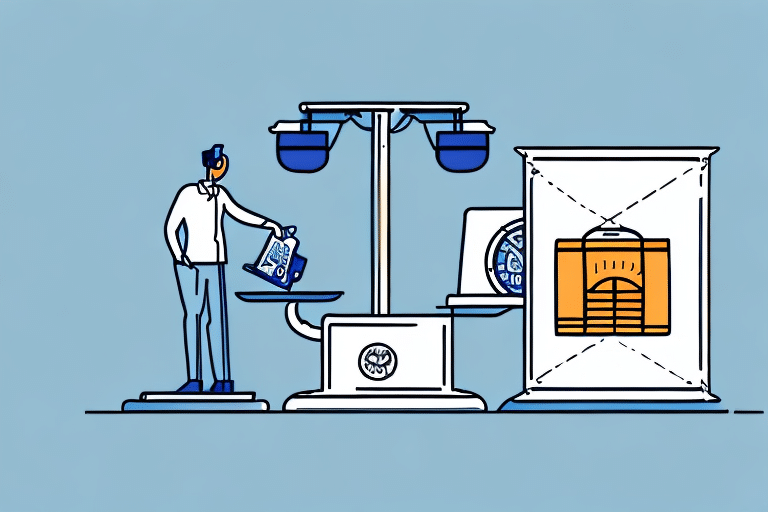 A person enters the scene, placing a package on one side of a large balance scale while a box with a digital display showing weight in hundredweight sits nearby. The light blue background complements the minimalist style of this illustration.