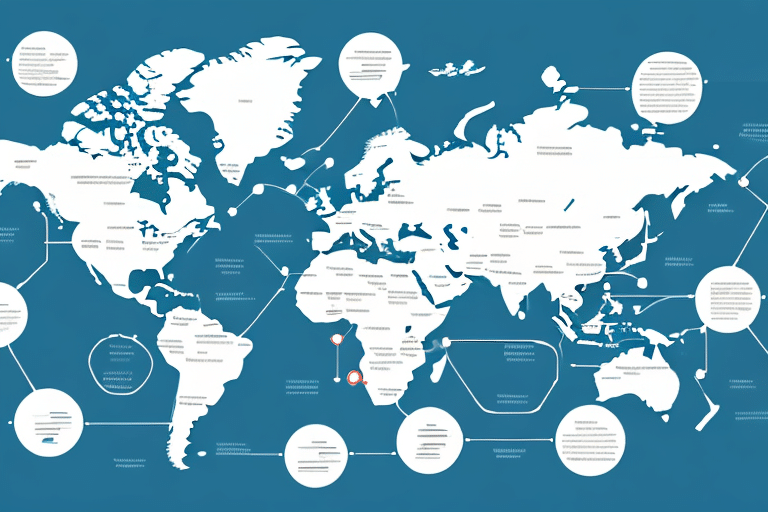 A stylized world map in white on a blue background features interconnected nodes containing text, resembling the UPS WorldShip database. Various regions are marked with circular labels, suggesting a network or data exchange concept across continents.