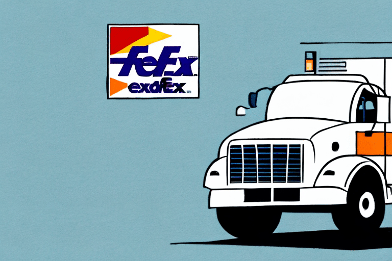 A cartoon-style drawing of a white delivery truck with orange and blue accents parked on the road. Above it, a sign with a stylized logo reads FedEx exdex in purple and orange, hinting at what you need to know about FedEx Ship Manager. The background is a pale blue.