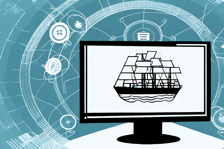 A computer screen displays a graphic of a sailing ship. Surrounding the screen are various digital icons and abstract symbols on a blue background, suggesting a blend of technology and maritime themes, akin to navigating the complexities of an end-of-day report printing process.