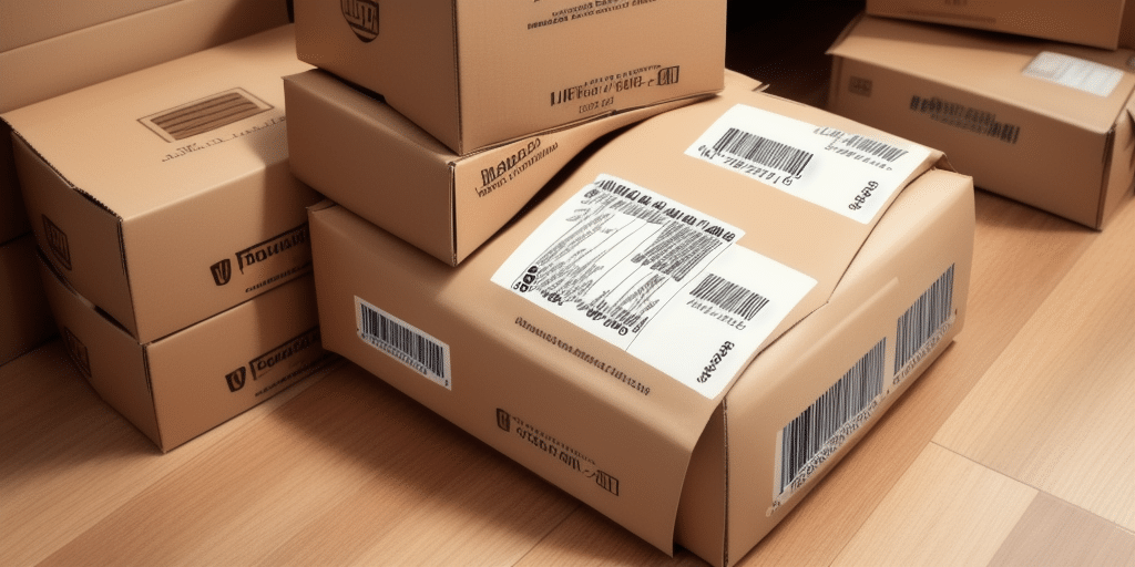 Stacks of cardboard packages with shipping labels and barcodes are placed on a wooden floor, ready for delivery via UPS Worldship. Some boxes are larger than others, and all are neatly arranged. A reprint of the return label lies nearby, ensuring easy returns if needed.