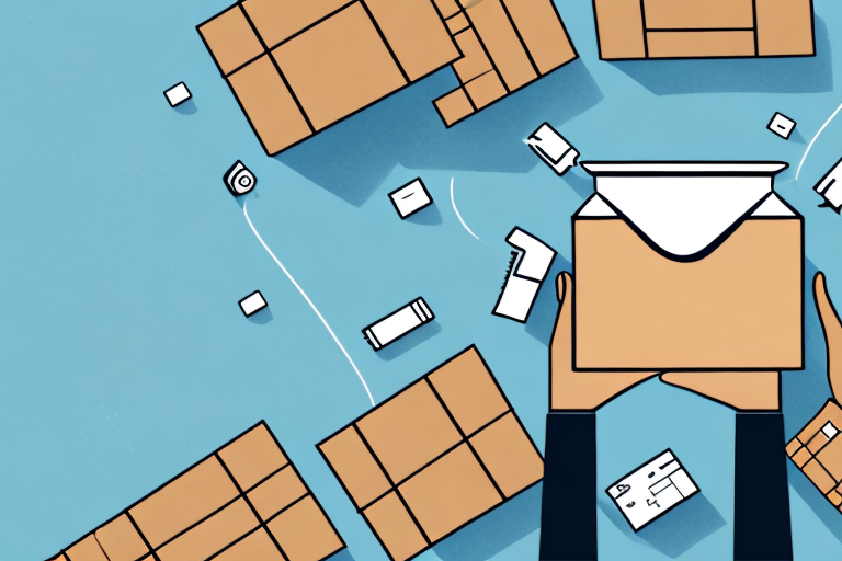 An illustration shows hands holding an open cardboard box against a light blue background. Surrounding it are various packaging items, like tape and small boxes, suggesting a theme of organizing SurePost deliveries or shipping packages less than 1 lb efficiently.