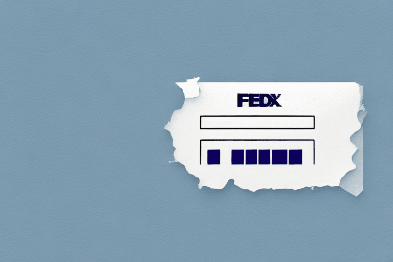 A torn piece of paper displaying a blue and purple FedEx logo, with blank lines and boxes reminiscent of FedEx Ship Manager labels, set against a textured blue background.