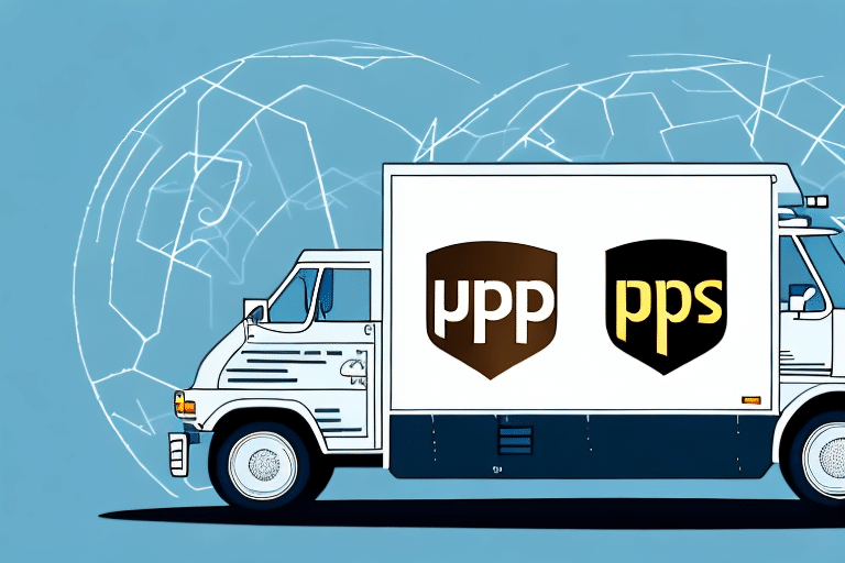 A cartoon delivery truck featuring logos like μpp and pps is against a blue backdrop with a faint globe outline, reminiscent of UPS Worldships global reach.