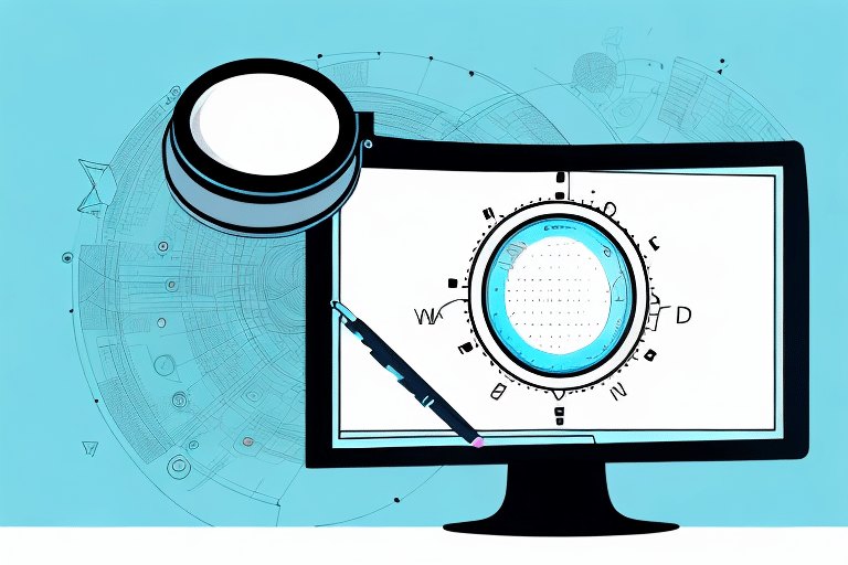 A digital illustration depicts a computer monitor with a compass design, its screen larger than life. A magnifying glass and pen rest in front, while the background showcases abstract circular and grid patterns, reminiscent of the detailed interfaces in UPS Worldship 2019.