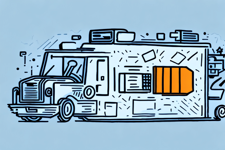 Illustration of a food truck with a blue and orange color scheme. The truck is viewed from the side, featuring a serving window, wheels, and abstract details against a solid light blue background, embodying an end-of-day vibe.