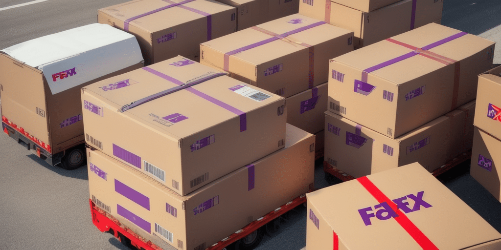 A fleet of trucks on a highway, loaded with large cardboard boxes featuring the FedEx logo, heads to resolve logistical challenges. These white trucks with red details rely on FedEx Ship Manager to streamline delivery operations efficiently, avoiding issues like deleting shipments.