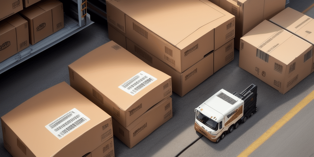 An aerial view of a warehouse shows large, stacked cardboard boxes beside a truck. The concrete floor leads to an open warehouse shelf filled with more boxes, hinting at smooth operations akin to UPS Worldships logistics precision.