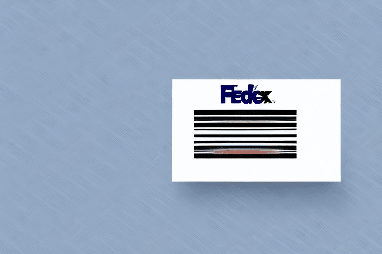 FedEx logo on a white background with black horizontal bars below, reminiscent of a BOL barcode, set against a textured blue backdrop.