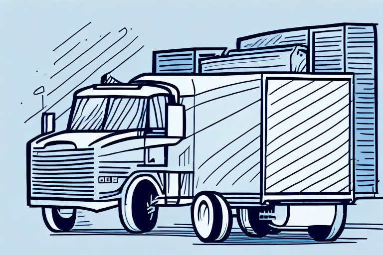 Illustration of a stylized freight truck with a large cargo area, driving at an angle. The truck boasts prominent features like bold lines and shading, evoking FedEx Ship Manager vibes. A sense of movement is captured with diagonal lines in the background for dynamic effect.